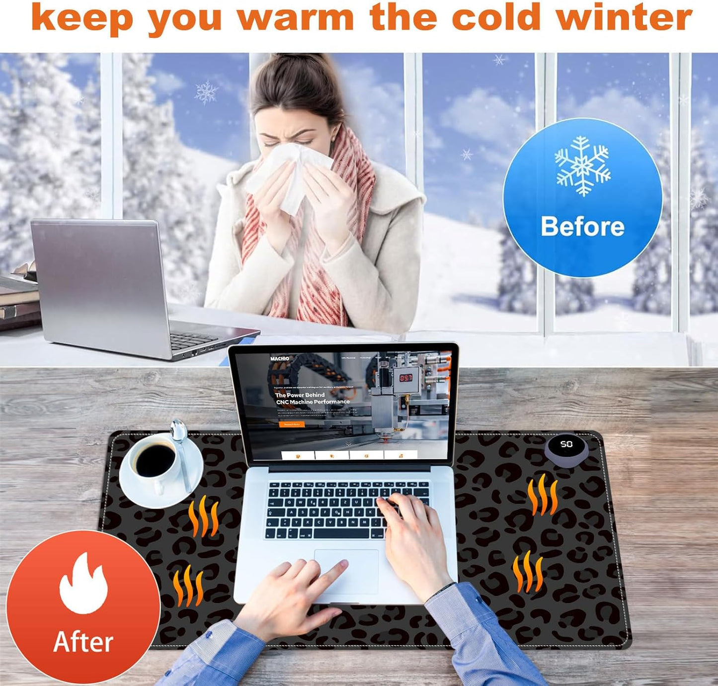 Heated Mouse Pad for Desk 31.5" x 13" – PU Leather Warm Desk Pad with 3 Heat Levels (104°F/113°F/122°F), Plug-in Electric Heating Mat with Auto Shut-Off, Waterproof & Rollable, Dark Leopard Print