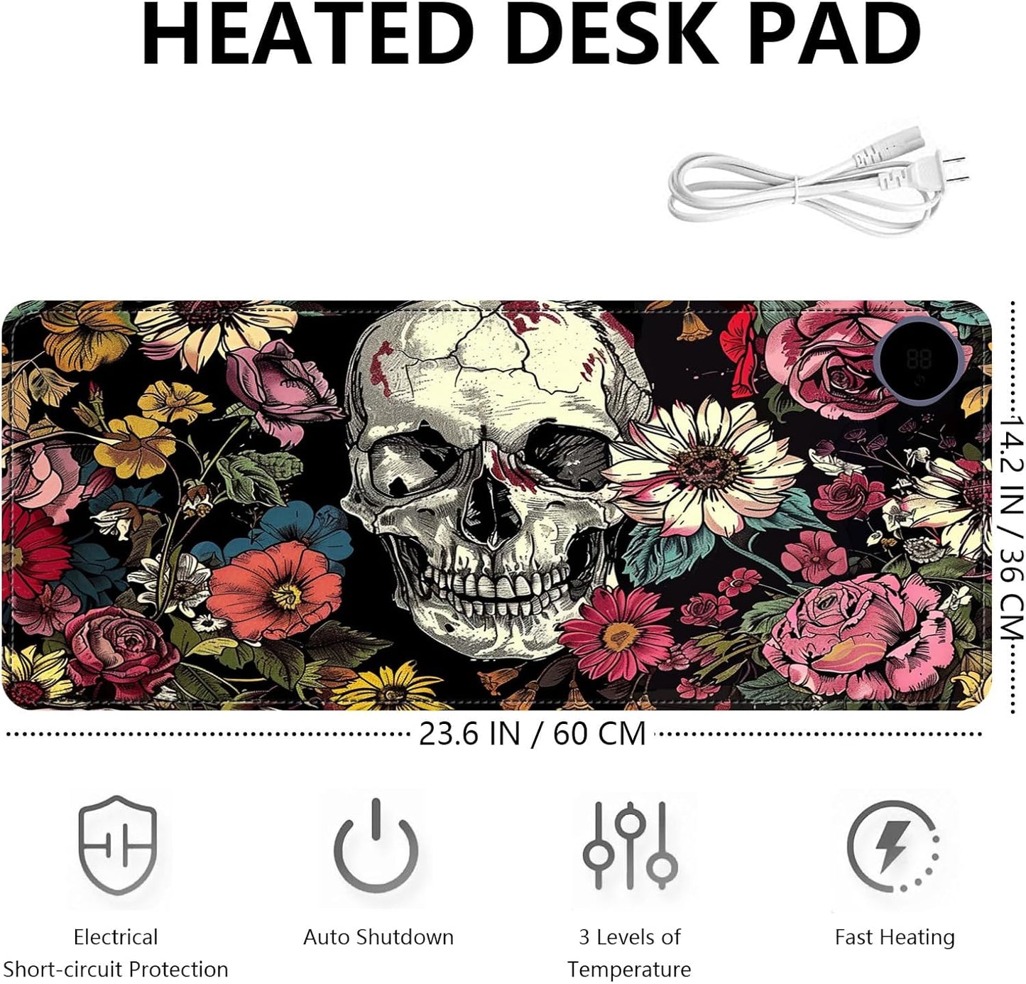 Heated Mouse Pad with 3 Levels Heated & 3 Hours Auto Shut-Off Mouse Pad for Warming Hands in Office Home, 23.6" x 14.2"Large Safe Desk Mat Hand Warmer，Skull in Flowers