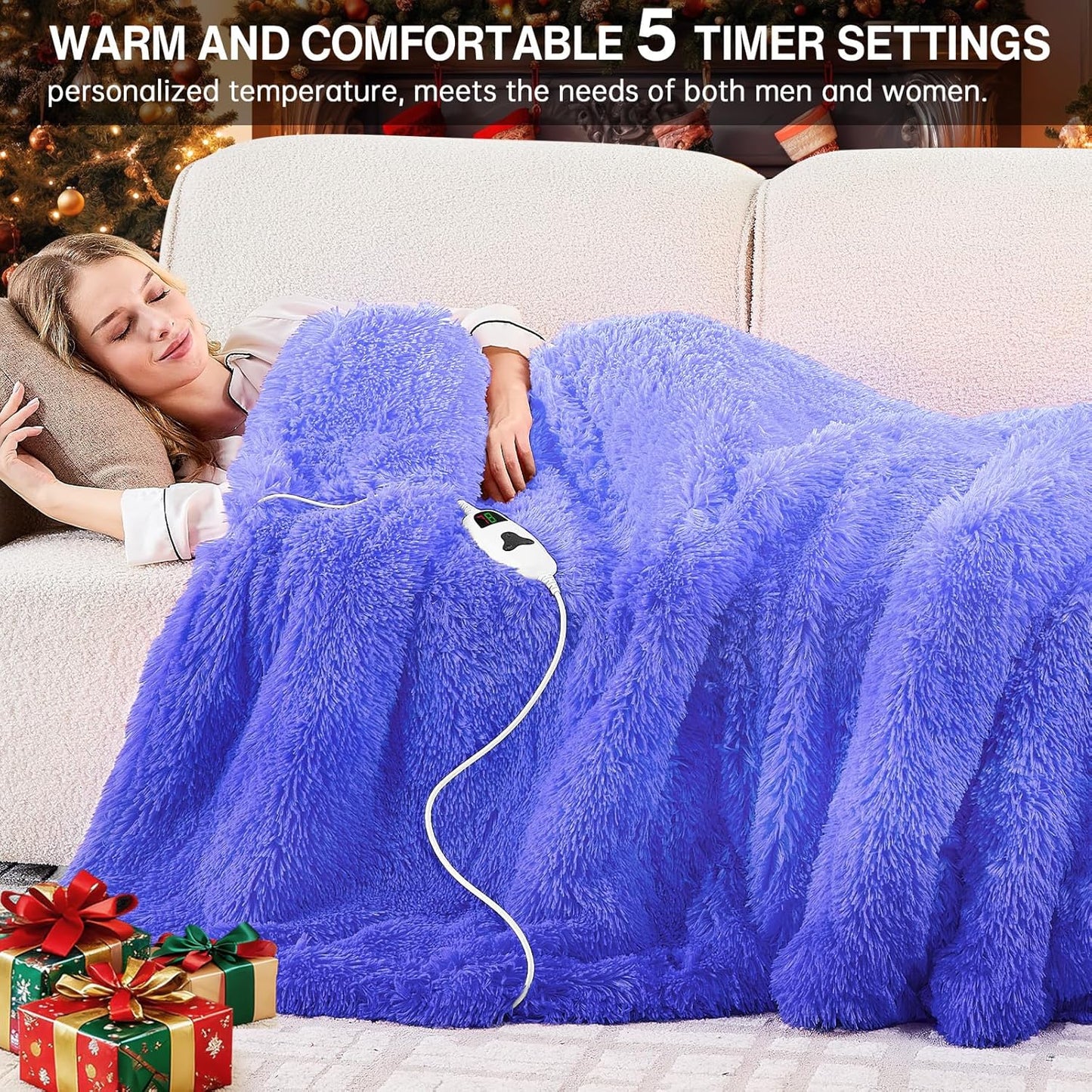 Heated Electric Blanket Throw–Faux Fur with Soft Thick Sherpa,Warm Winter Birthday Gifts for Women Grandma，10 Heat Settings,5 Time Settings with Fast Heating, 50x60, Glacier Blue