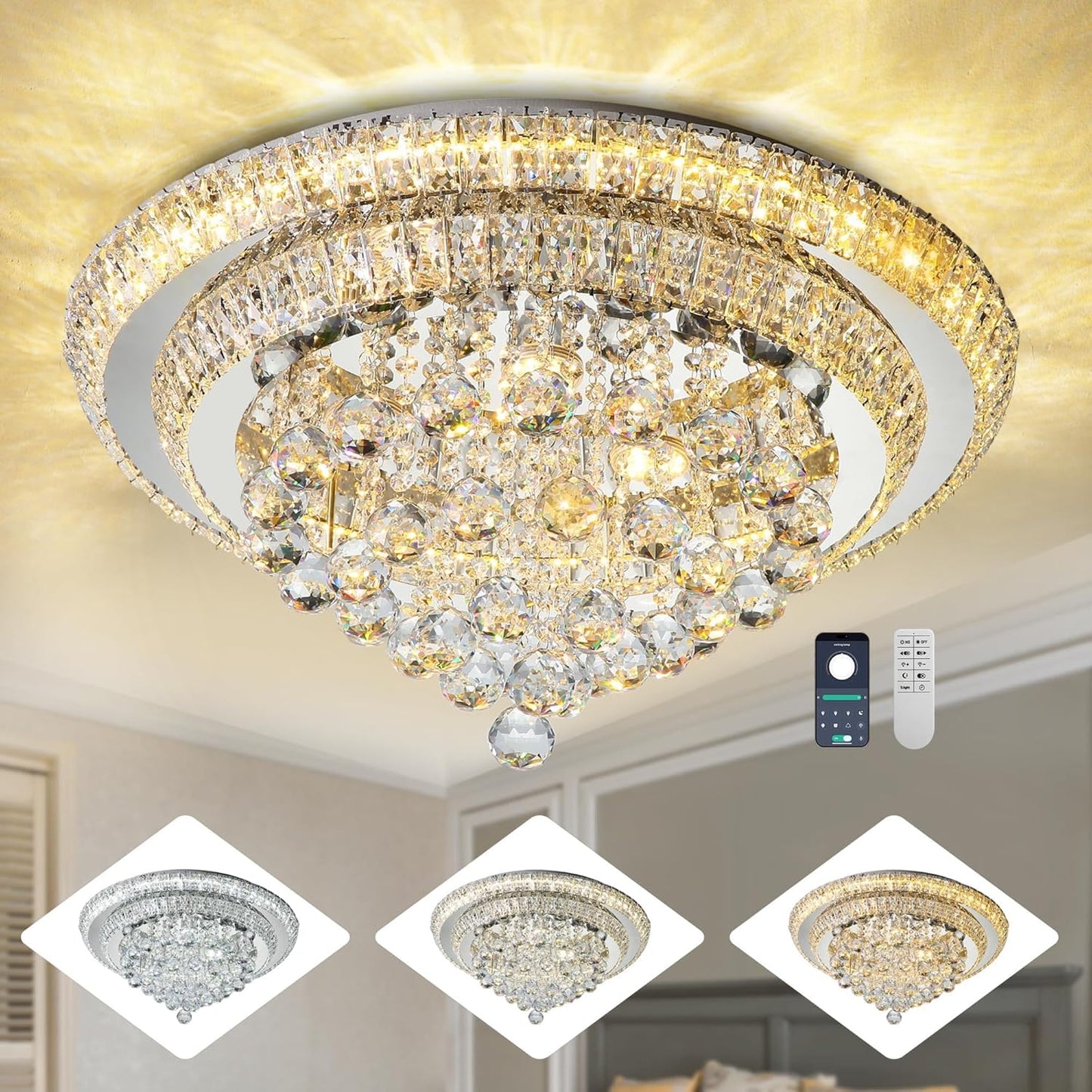 Elegant LED Crystal Raindrop Ceiling Light, 24" Flush Mount Chandelier Light Fixture with Remote Control for Living Room Kitchen Island Bedroom Hallway Entryway Foyer(Dimmable)