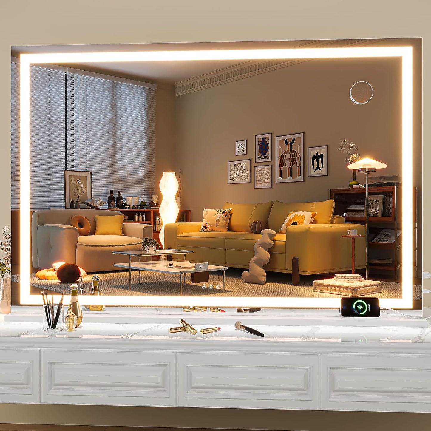 Hasipu Vanity Mirror with Lights, 50" x 34" LED Makeup Mirror, Lighted Makeup Mirror with Dimmable 3 Modes, Touch Screen Control Vanity Mirror Square White