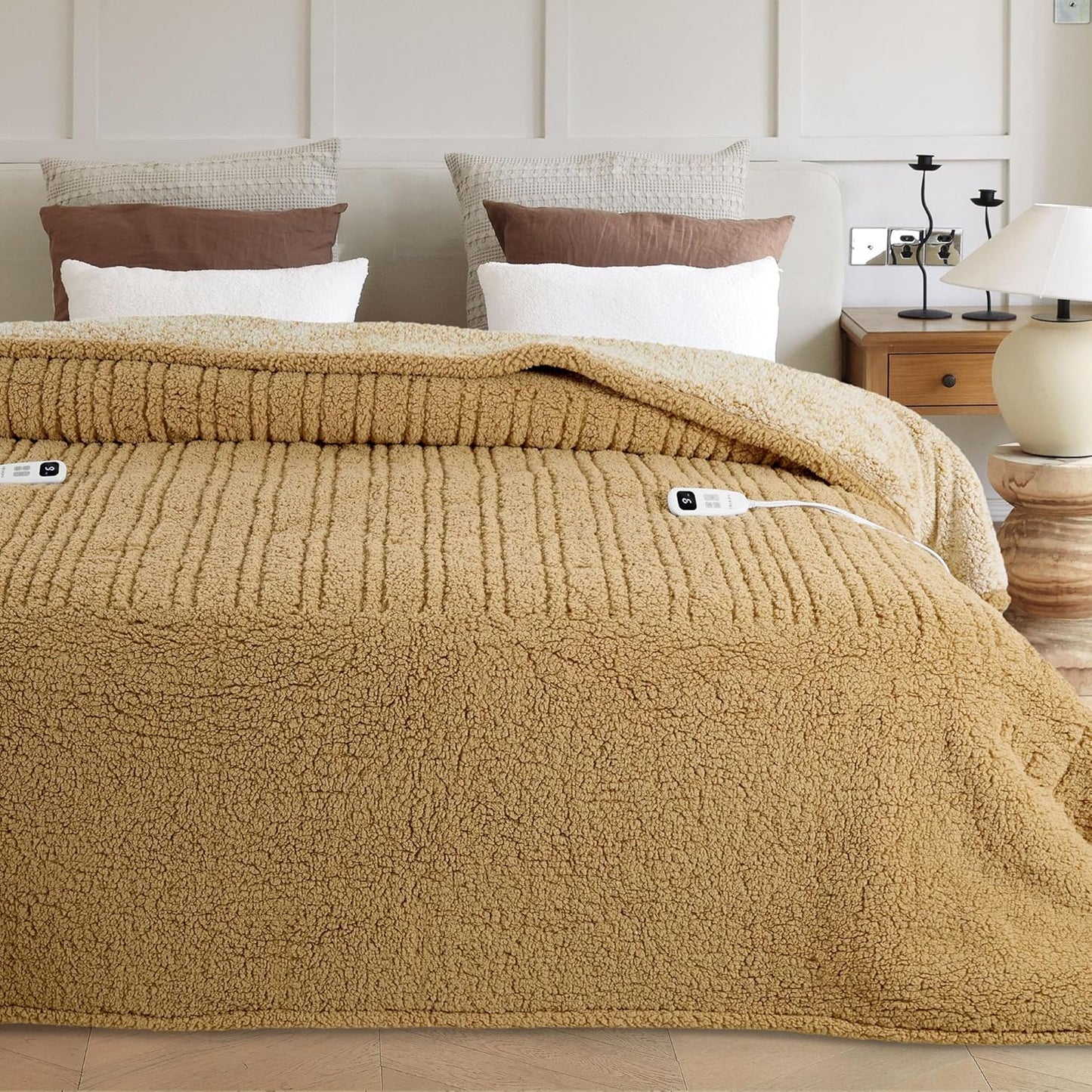 Heated Blanket Electric Blanket Queen - Fast Heating Blanket Throw Dual Controllers Double Sided Sherpa with 10 Heating Levels & 2-10 Hours Auto Off, Mashine Washable, 84 x 90 Inches, Camel