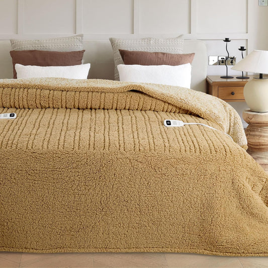 Heated Blanket Electric Blanket Queen - Fast Heating Blanket Throw Dual Controllers Double Sided Sherpa with 10 Heating Levels & 2-10 Hours Auto Off, Mashine Washable, 84 x 90 Inches, Camel
