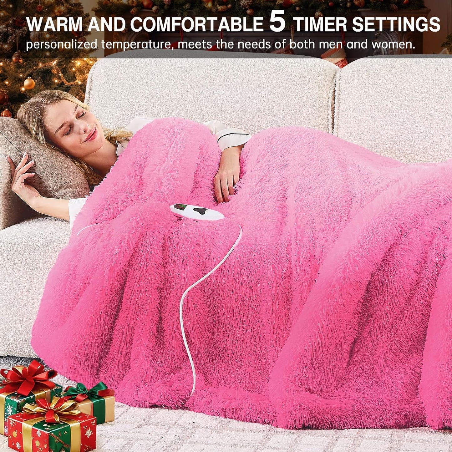 Heated Electric Blanket Twin,Warm Winter Birthday Gifts for Women Her Grandma–Faux Fur with Soft Sherpa,10 Heat Settings,5 Time Settings with Fast Heating, 62x84, Rose Red