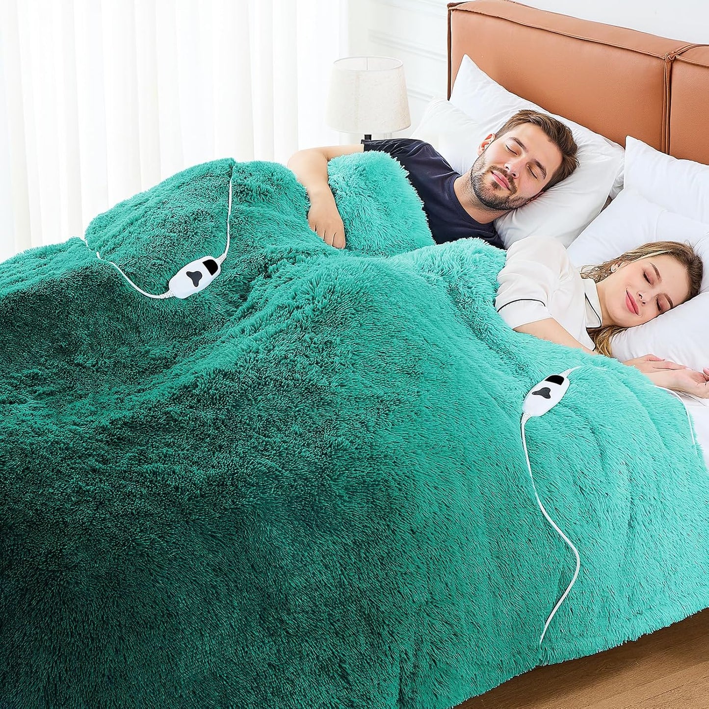 Heated Electric Blanket Queen–Faux Fur with Soft Thick SherpaWarm Winter Birthday Gifts for Women Grandma,Dual Control,10 Heat Settings,5 Time Settings, 84x90, Forest Mist