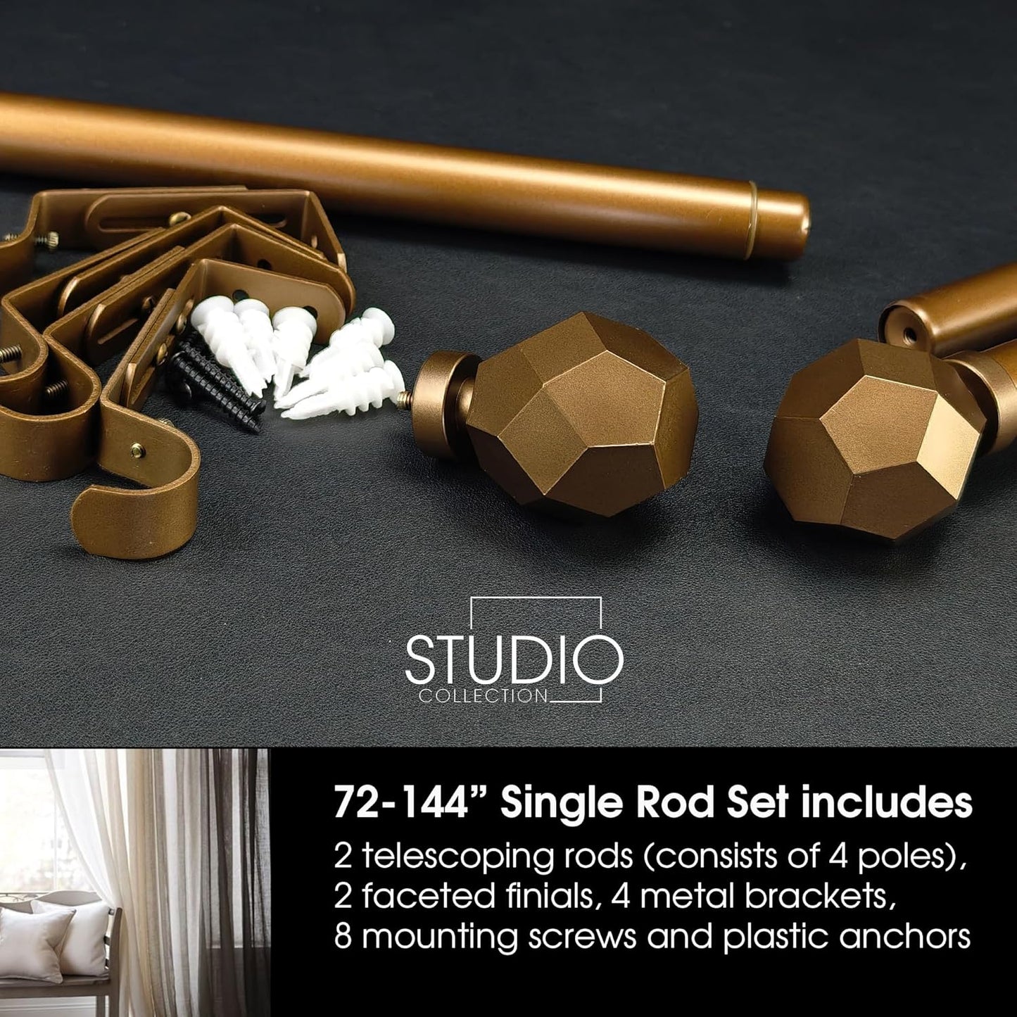 1-1/8 Inch Diameter Aged Bronze Curtain Rod with Geometric Faceted Finials, 72-144'' Telescoping Single Curtain Rods for window width 68-140 inch, 1 pack