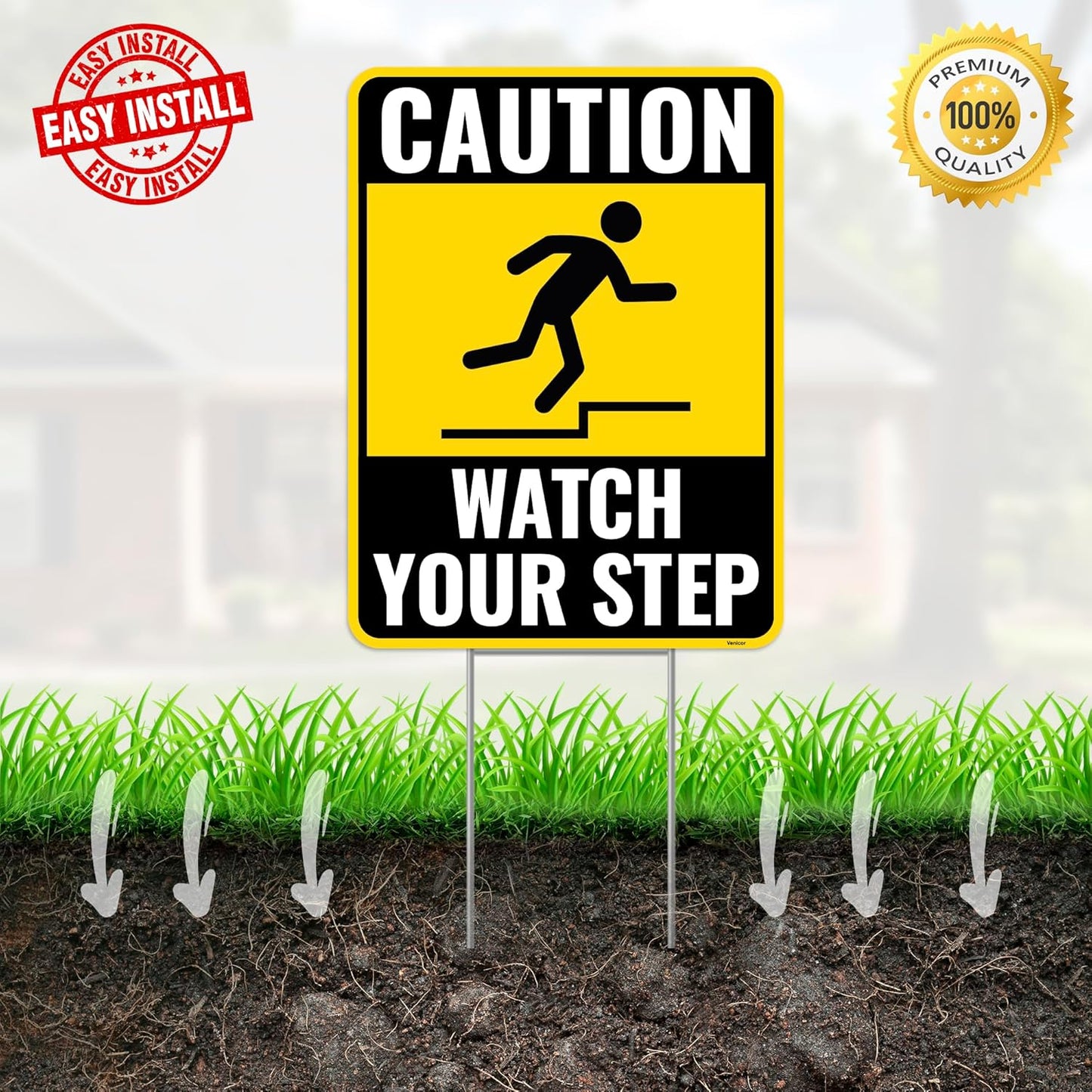 2PC Watch Your Step Sign with Metal Stakes, 12 Inches by 9 Inches - Corrugated Plastic - Caution Please Watch Your Step Sign Outdoor