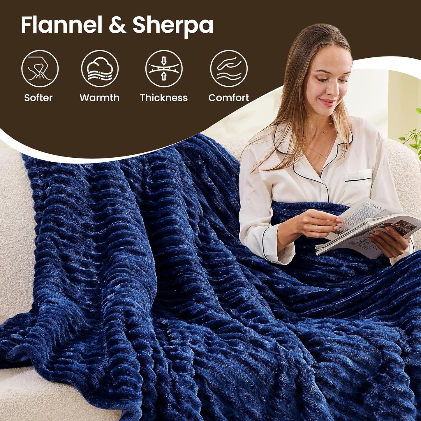 Heated Blanket Electric Blanket 50"x60", Soft Flannel Sherpa Electric Throw with 5 Heating Level & 12 Times Setting, Heated Throw with Overheating Protection, Machine Washable (Navy Blue)