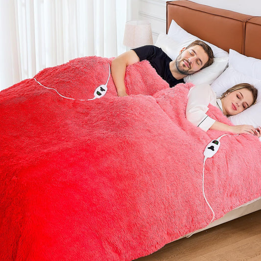 Heated Electric Blanket Queen,Warm Winter Birthday Gifts for Women Her Grandma–Faux Fur with Soft Sherpa,10 Heat Settings,5 Time Settings with Fast Heating, 84x90, Ruby Wine