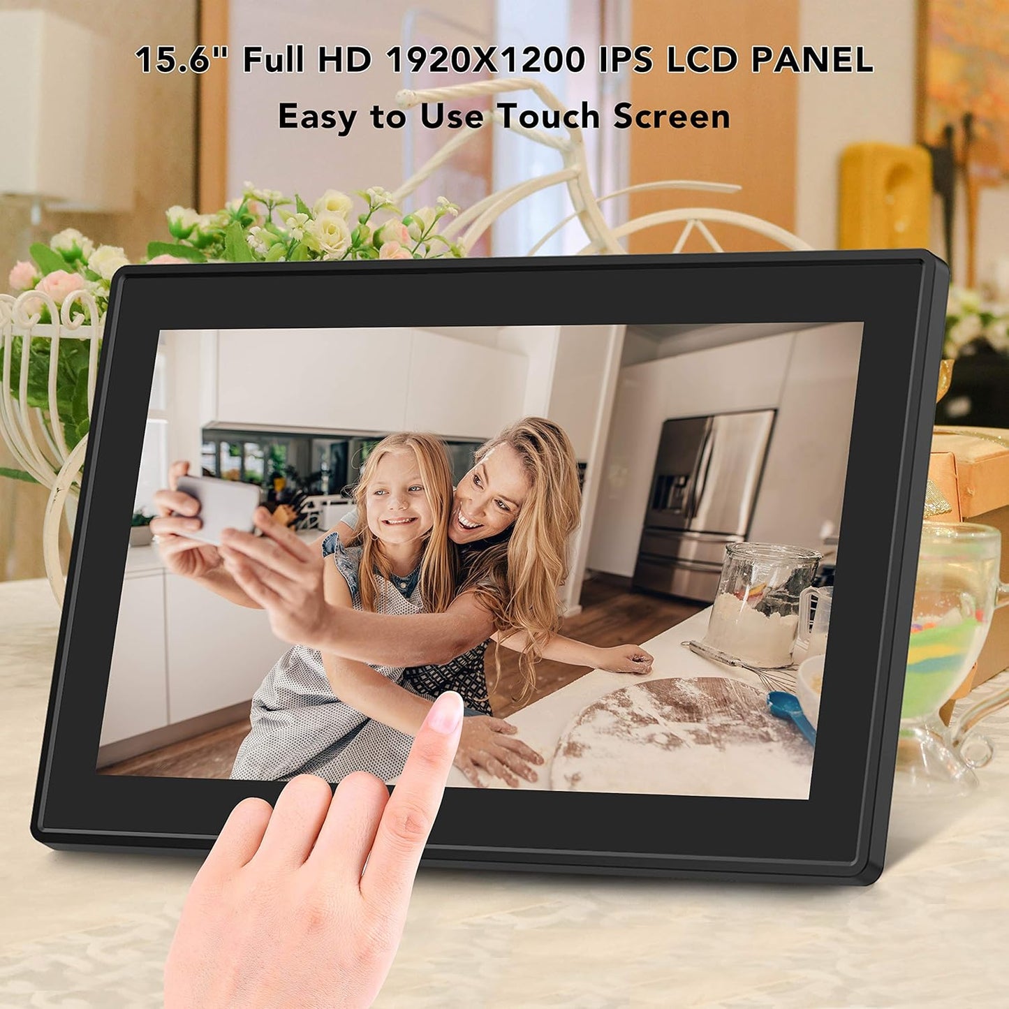 15.6 Inch 16GB WiFi Picture Frame with FHD 1920x1080 IPS Display,Touch Screen,Send Photos or Small Videos from Anywhere in The World, Wall Mountable, Portrait and Landscape(Black)
