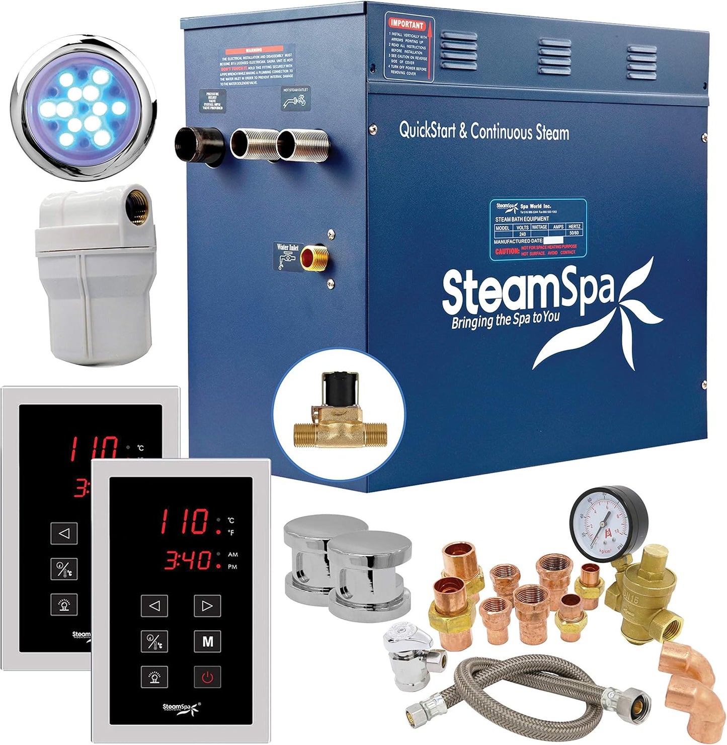 SteamSpa 10.5kW Steam Sauna Generator Executive Bundle 240V Steam Generator with Touch Pad, Steamheads, Pressure Relief Valve, Built-in Auto Drain, LED Light, Filter and Quick Install Kit EXT1050CH