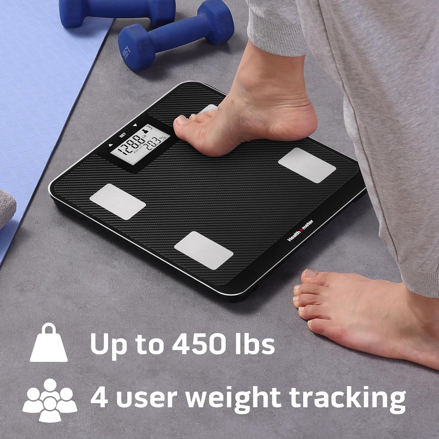 Health o meter Digital Body Composition Scale – BMI, Body Fat & Water Mass Measurement, Multi-User Tracking, 450 lb Capacity, Step-On Carbon Fiber Platform, Backlit Display, 3 AAA Batteries Included
