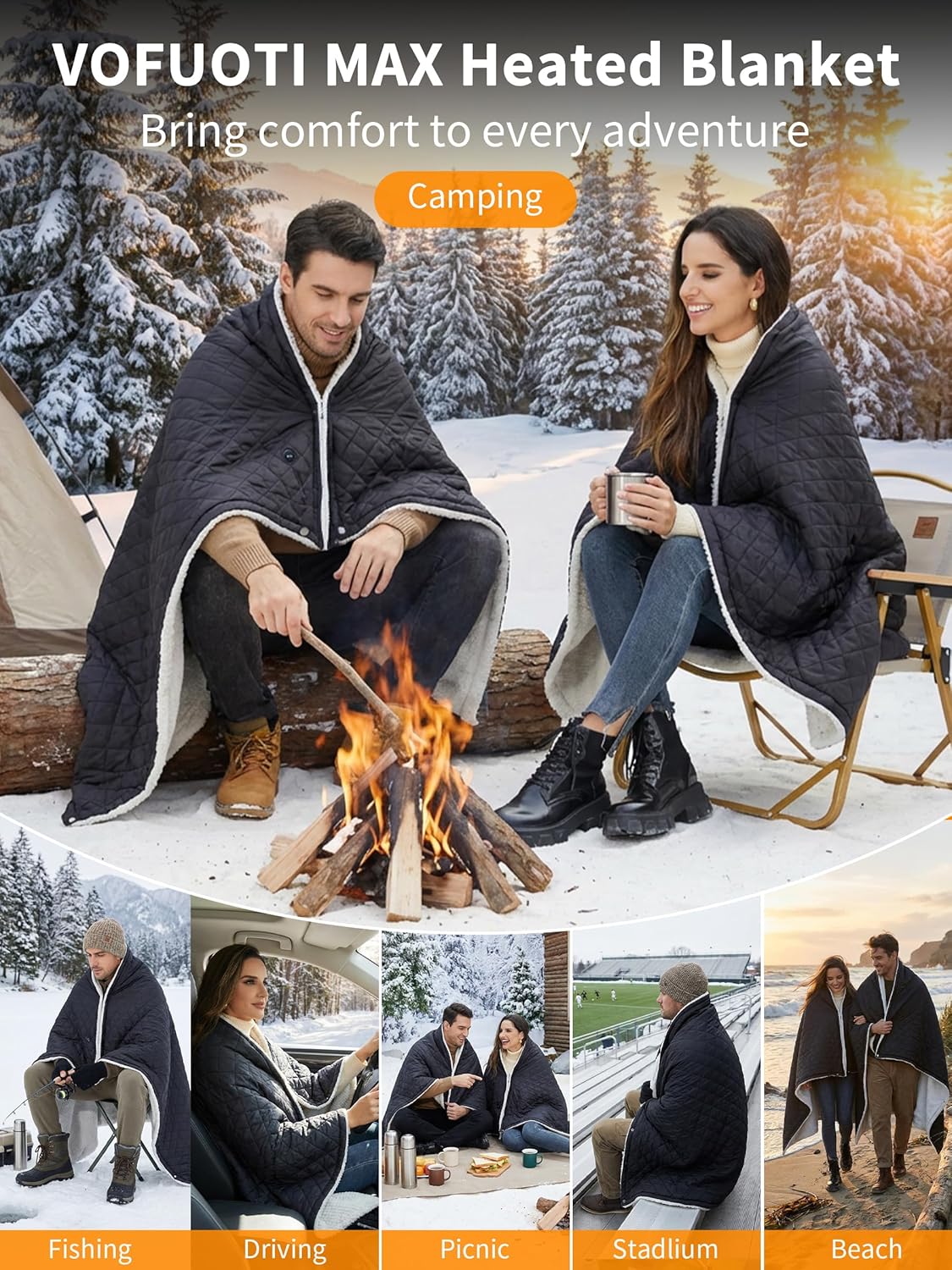 Heated Blanket Battery Operated,12V Cordless heating pad with 15000 battery,Heated Shawl Throw Blanket,Wearable Heated Blanket,Sherpa Lining,3 Heating Set for Outdoor Camping,Backpacking,Hiking,Travel