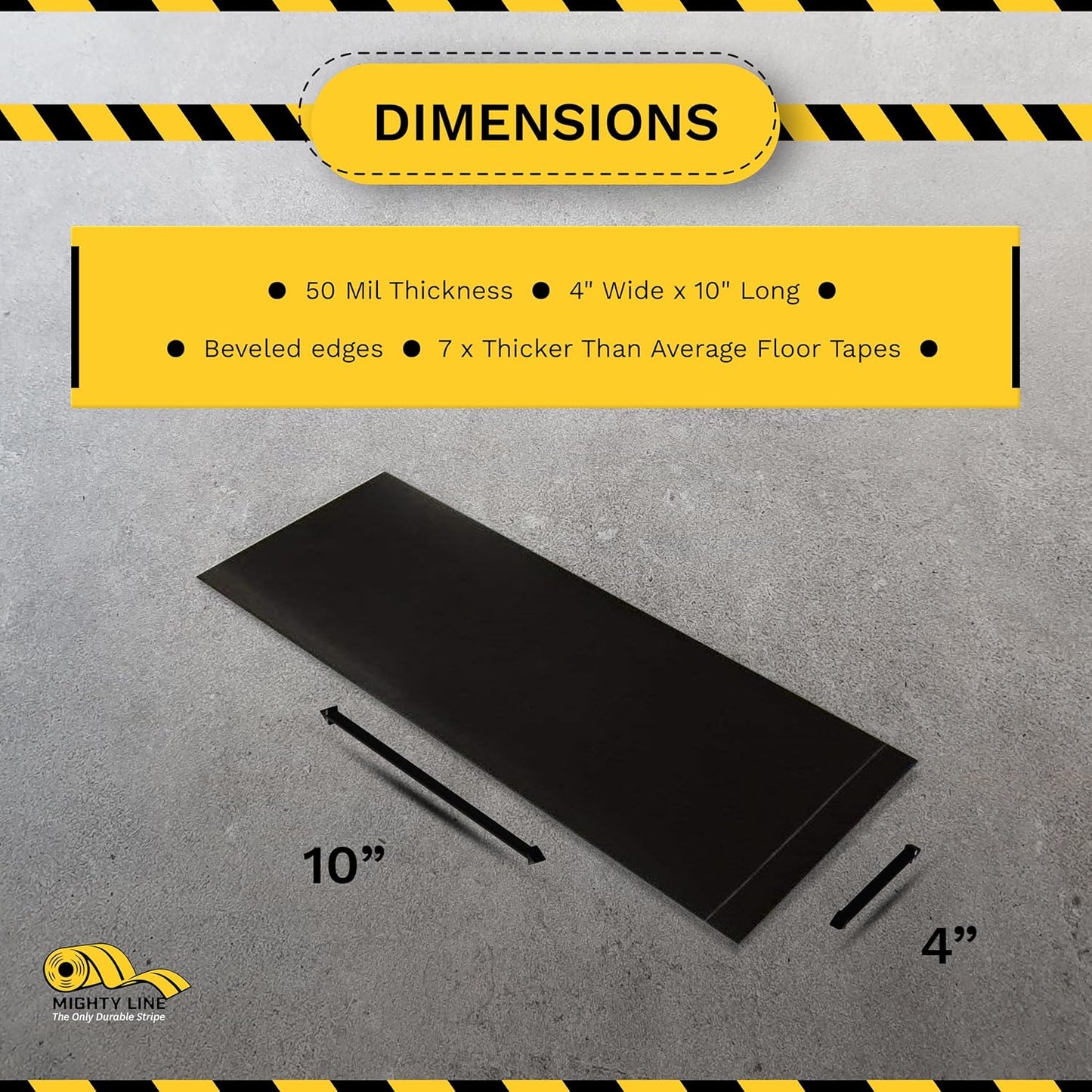 Mighty Line Floor Marking Tape Strips for Safety, Caution, Warning, Heavy-Duty, Peel and Stick, Adhesive, Industrial Quality, Black, 4" by 10"