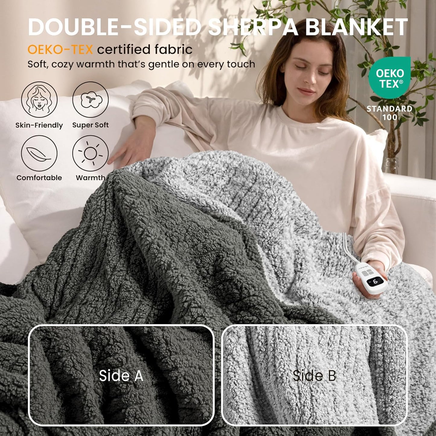 Heated Blanket Electric Blanket Twin - Fast Heating Blanket Throw Double Sided Sherpa Ultra Soft Cozy with 10 Heating Levels & 2-10 Hours Auto Off, Mashine Washable, 62 x 84 Inches, Grey Twin