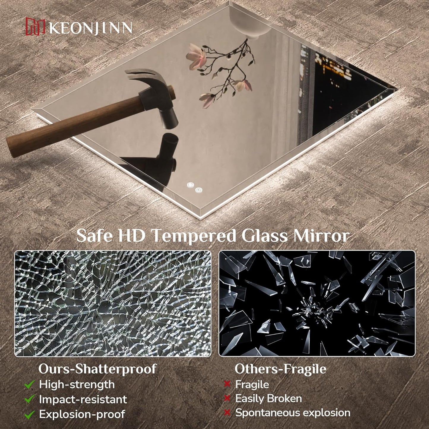 Keonjinn 42 x 36 Inch Backlit Bathroom Mirror with Lights, Frameless LED Mirror with Beveled Edge, HD Tempered Glass, UL-Listed Driver, 3000K/4500K/6500K, Defogging, Lighted Mirrors for Bathroom Wall