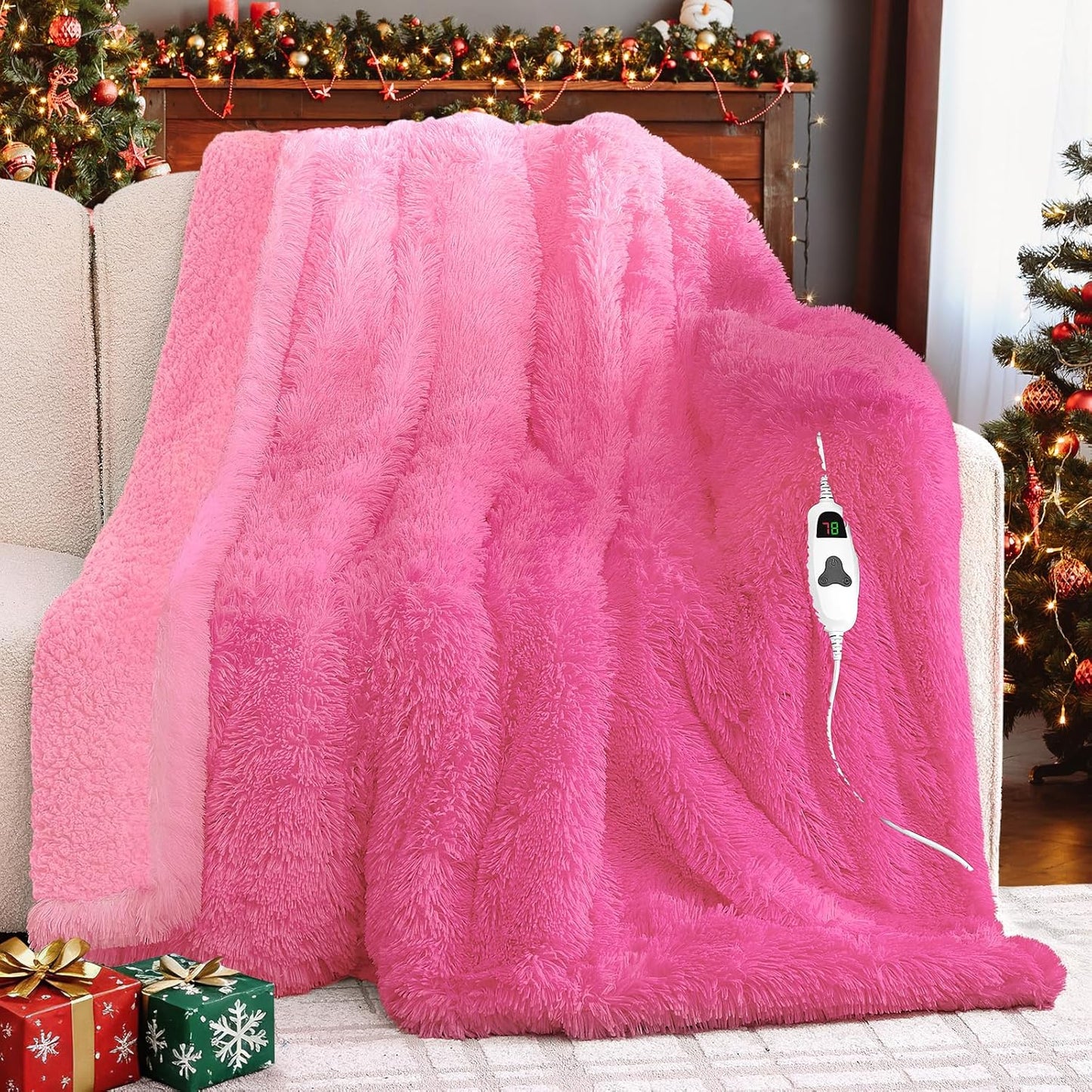 Heated Electric Blanket Twin,Warm Winter Birthday Gifts for Women Her Grandma–Faux Fur with Soft Sherpa,10 Heat Settings,5 Time Settings with Fast Heating, 62x84, Rose Red