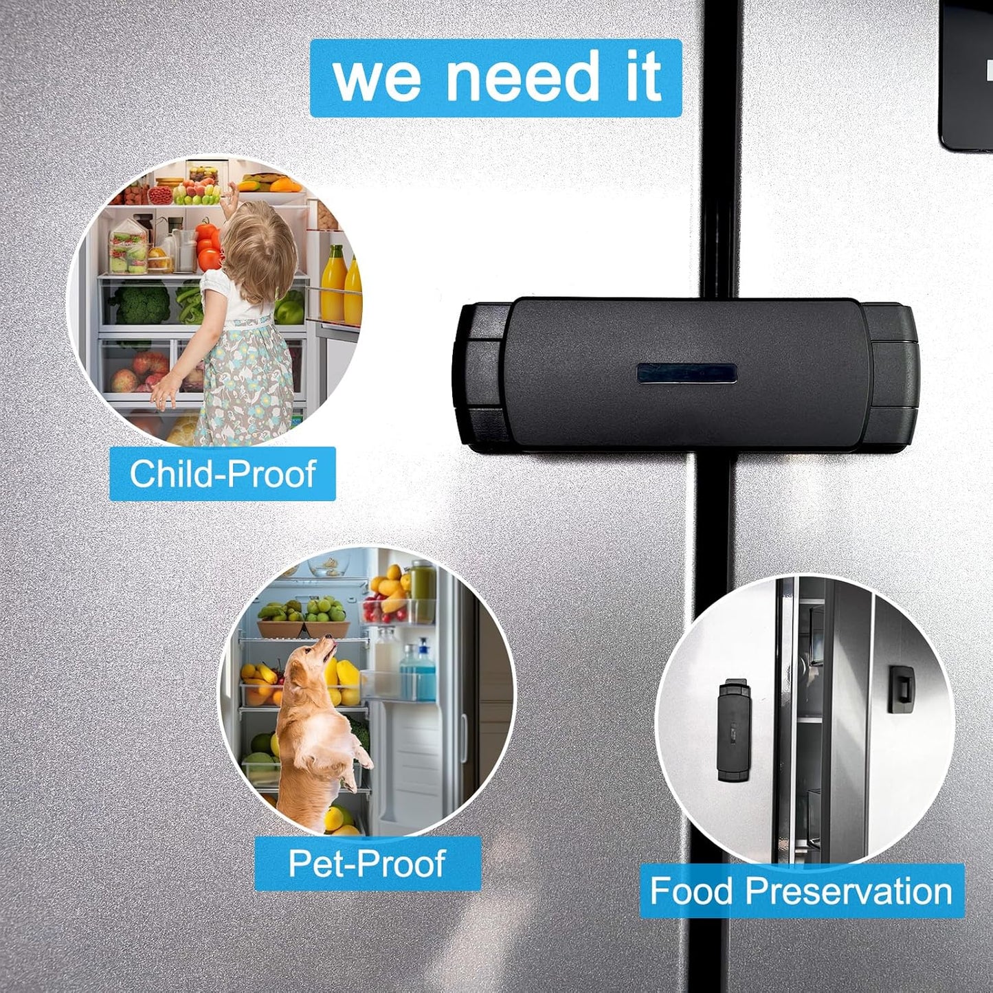 2 Pack Premium Child Safety Lock for French Fridge/Side-by-Side Refrigerator/Double Door Freezer or Cabinet, Adjustable Width & Easy to Install (Black)
