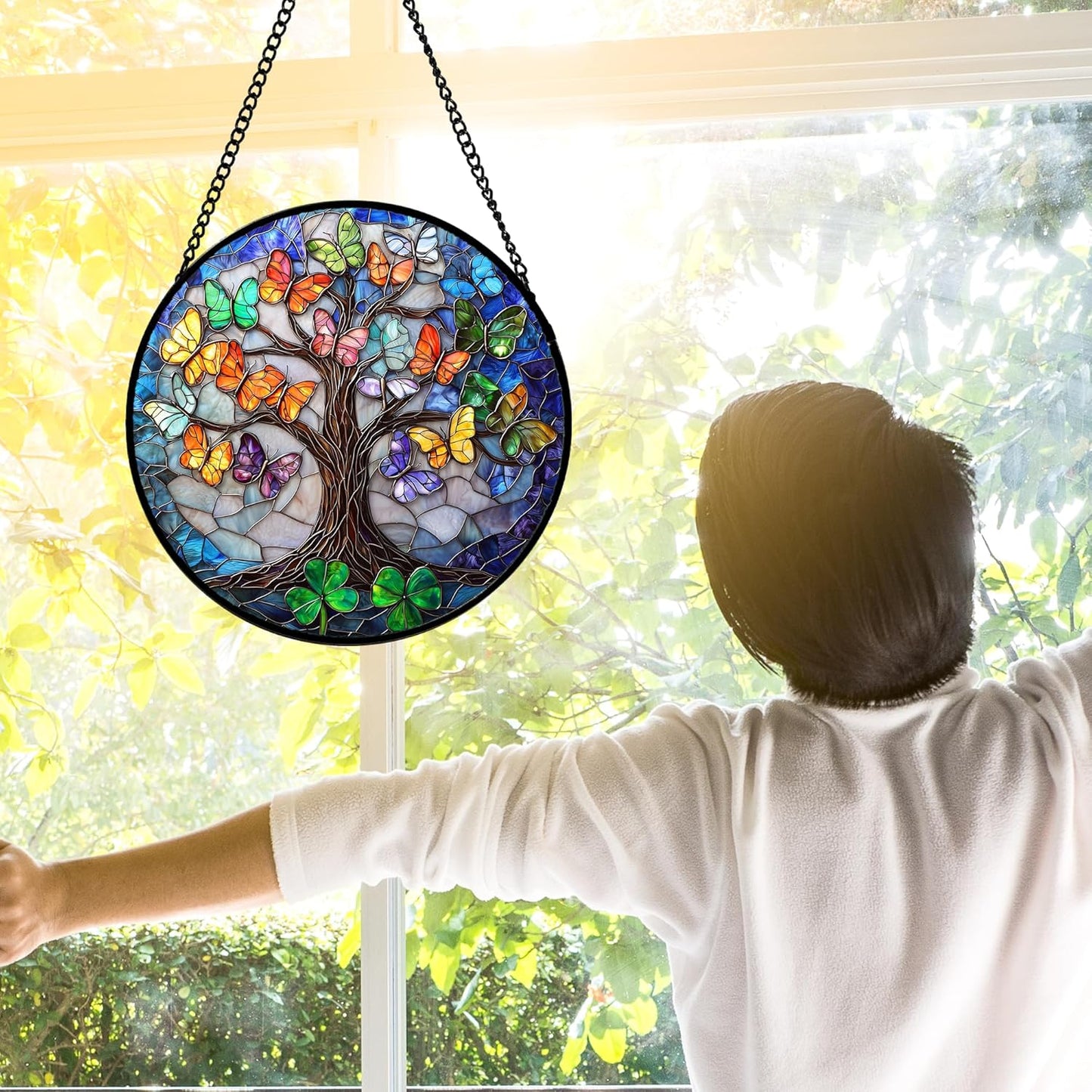 Stained Glass Window Hanging, Butterfly Tree Clover Sun Catchers Glass Panel Blue Suncatcher Decor for Birthday for Women, Men, Wife, Aunt, and Mom 7.8 in