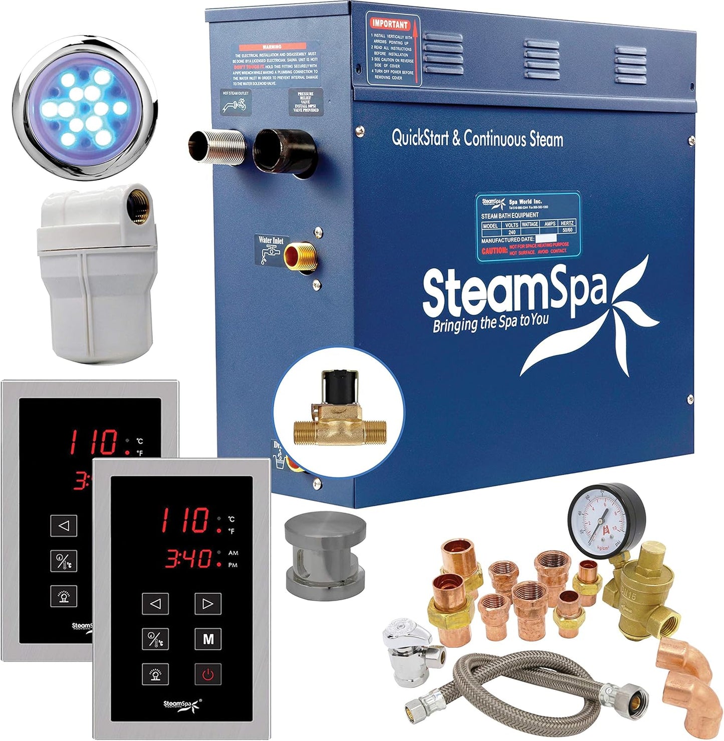 SteamSpa 4.5kW Steam Sauna Generator Executive Bundle 240V Steam Generator with Touch Pad, Steamheads, Pressure Relief Valve, Built-in Auto Drain, LED Light, Filter and Quick Install Kit EXT450BN-A
