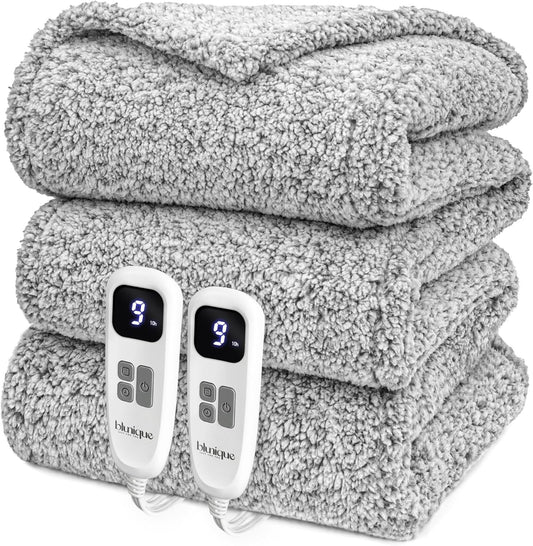 Heated Blanket Electric Blanket King - Fast Heating Blanket Throw Dual Control Double Sided Sherpa with 6 Heating Levels & 1-10 Hours Auto Off, Mashine Washable, 90 x 100 Inches, Grey