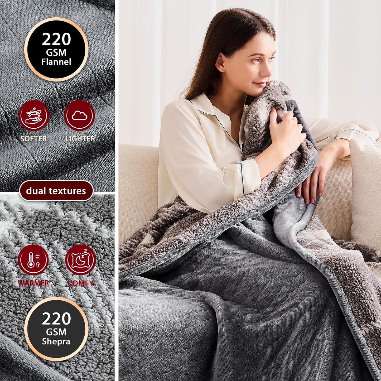 Heated Electric Blanket Throw Size - 50"x60" Flannel Heating Blanket with 10 Heating Levels & 5 Time Settings Over-Heat Protection, Winter Warmer for Adults with ETL Certification（Grey）