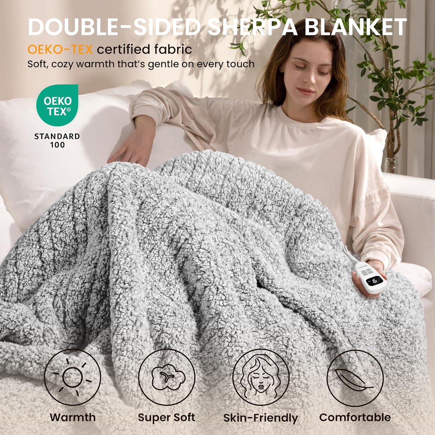 Heated Blanket Electric Blanket King - Fast Heating Blanket Throw Dual Control Double Sided Sherpa with 6 Heating Levels & 1-10 Hours Auto Off, Mashine Washable, 90 x 100 Inches, Grey
