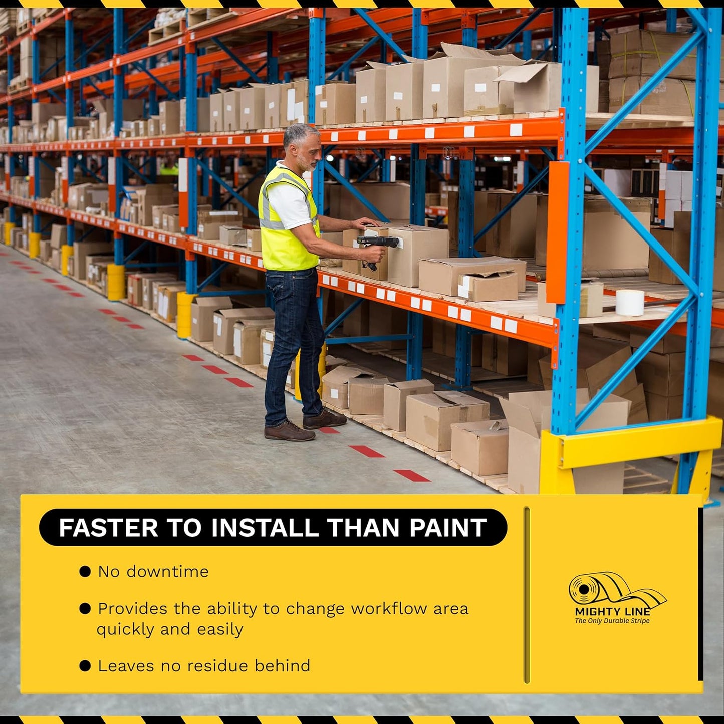Mighty Line Floor Marking Tape Strips for Safety, Caution, Warning, Heavy-Duty, Peel and Stick, Adhesive, Industrial Quality, Black, 4" by 10"