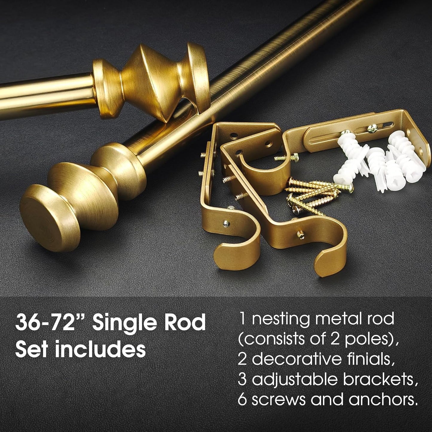 1-1/8 Inch Diameter Warm Gold Curtain Rods with Modern Geometric Finials, 36-72'' Telescoping Single Curtain Rods for window width 24-68 inch, 1 pack