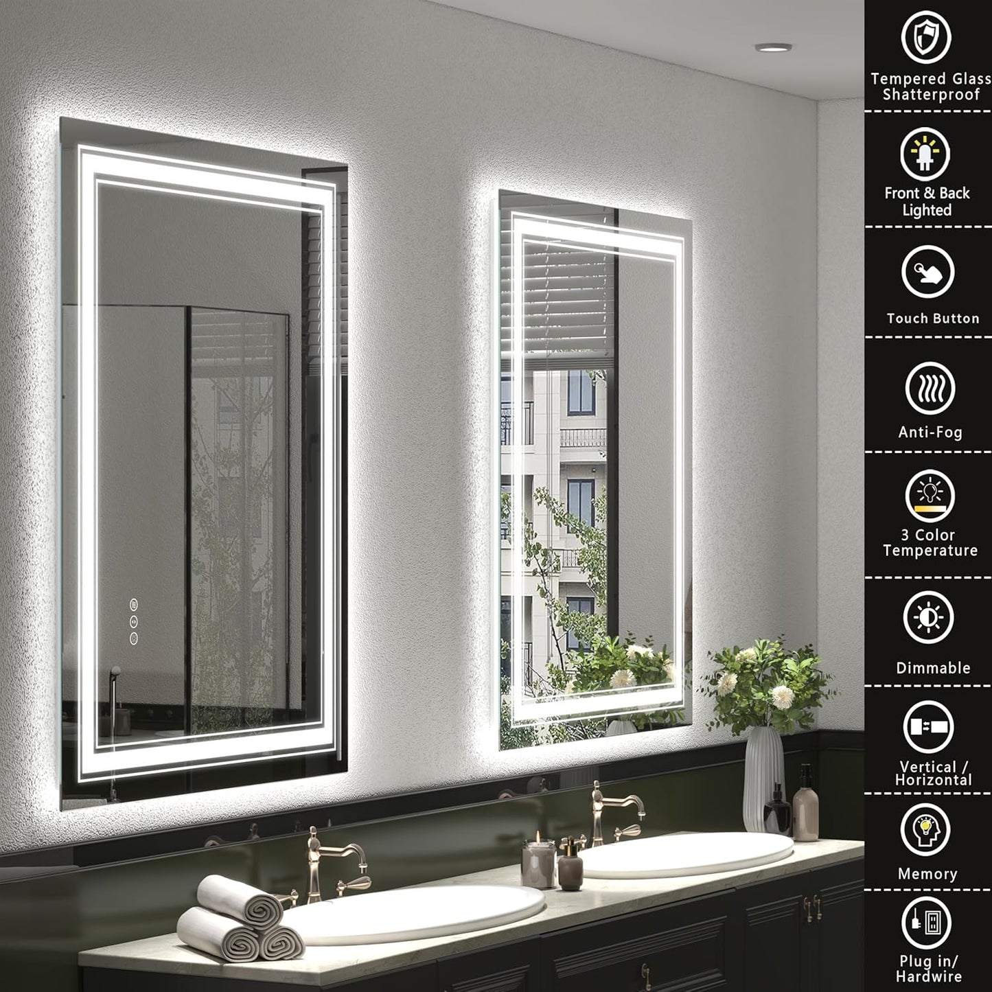 28x32 LED Bathroom Mirror, Lighted Mirror for Bathroom Wall, Backlit and Front lit, Dimmable, Anti-Fog, Shatterpoof, Memory (Horizontal/Vertical)