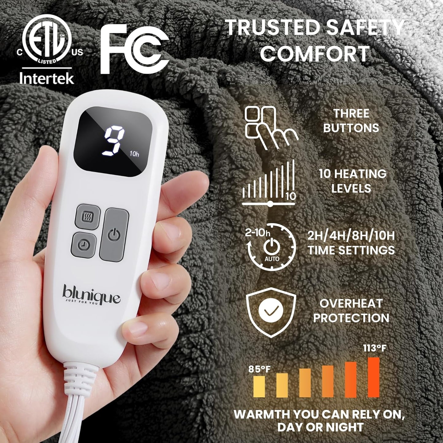 Heated Blanket Electric Blanket Throw - Fast Heating Blanket Throw Double Sided Sherpa Ultra Soft Cozy with 10 Heating Levels & 2-10 Hours Auto Off, Mashine Washable, 50 x 60 Inches, Grey