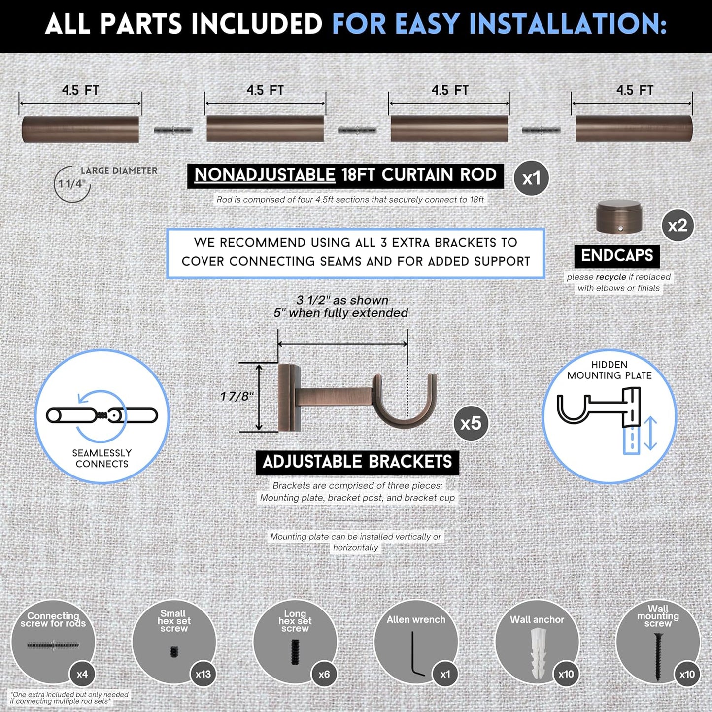 BlastHome® Non-Adjustable Luxury Extra Long Curtain Rod, 1 ¼” Rod Set, 18 foot Fixed Length (Four Rods Connect for a Seamless Look), Oil Rubbed Bronze
