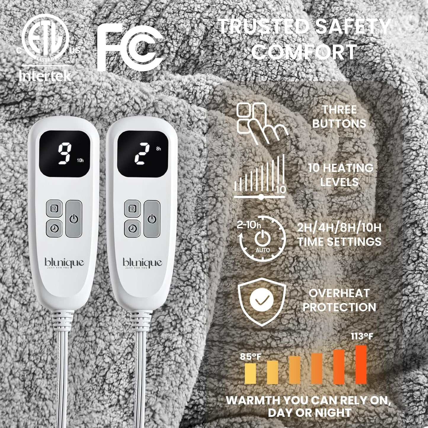 Heated Blanket Electric Blanket King - Fast Heating Blanket Throw Dual Control Double Sided Sherpa with 6 Heating Levels & 1-10 Hours Auto Off, Mashine Washable, 90 x 100 Inches, Grey
