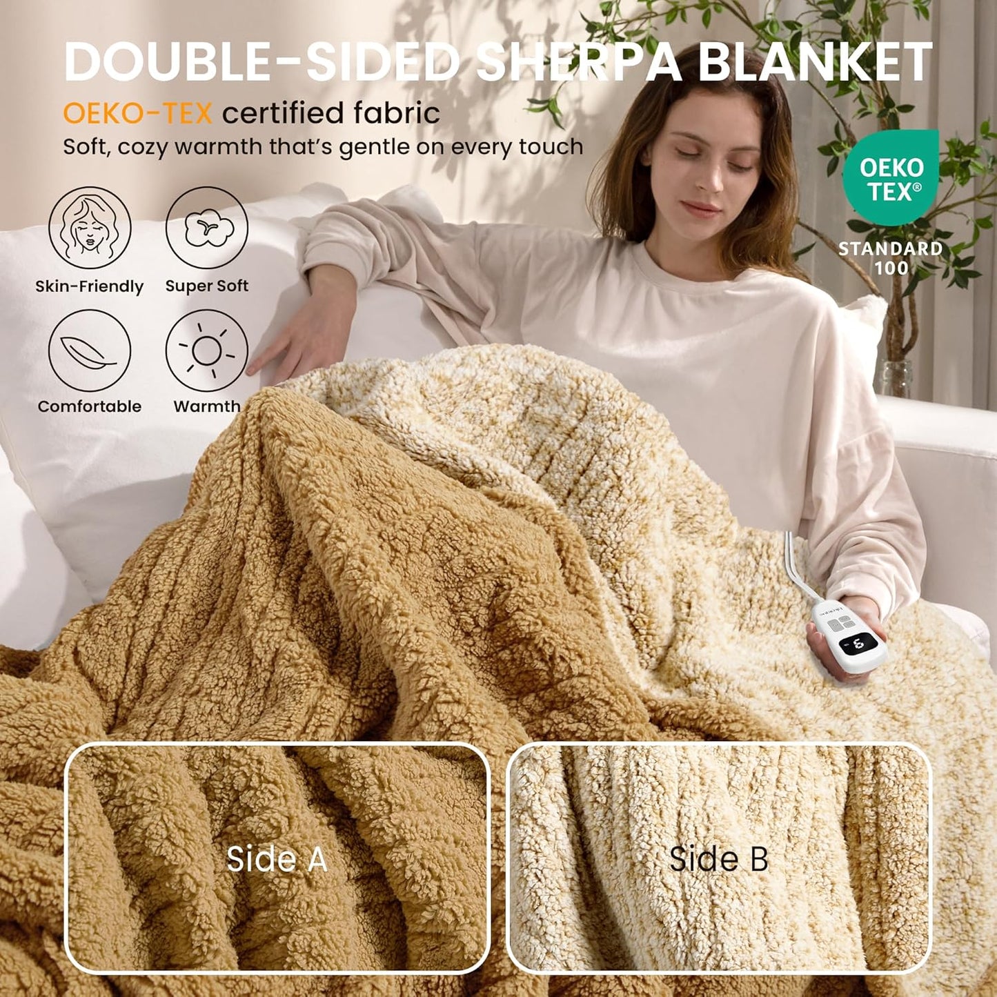 Heated Blanket Electric Blanket Queen - Fast Heating Blanket Throw Dual Controllers Double Sided Sherpa with 10 Heating Levels & 2-10 Hours Auto Off, Mashine Washable, 84 x 90 Inches, Camel