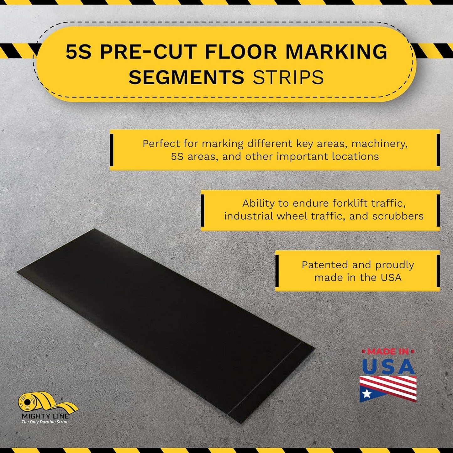 Mighty Line Floor Marking Tape Strips for Safety, Caution, Warning, Heavy-Duty, Peel and Stick, Adhesive, Industrial Quality, Black, 4" by 10"