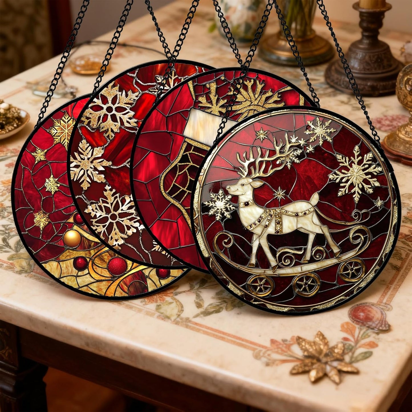 Stained Glass Window Hanging 4 Pcs Set Red Christmas Elk Snowflakes 7.8" - Deer Suncatcher Door Garden Sun Catcher Decor Birthday for Mom Woman Nana Men Friend