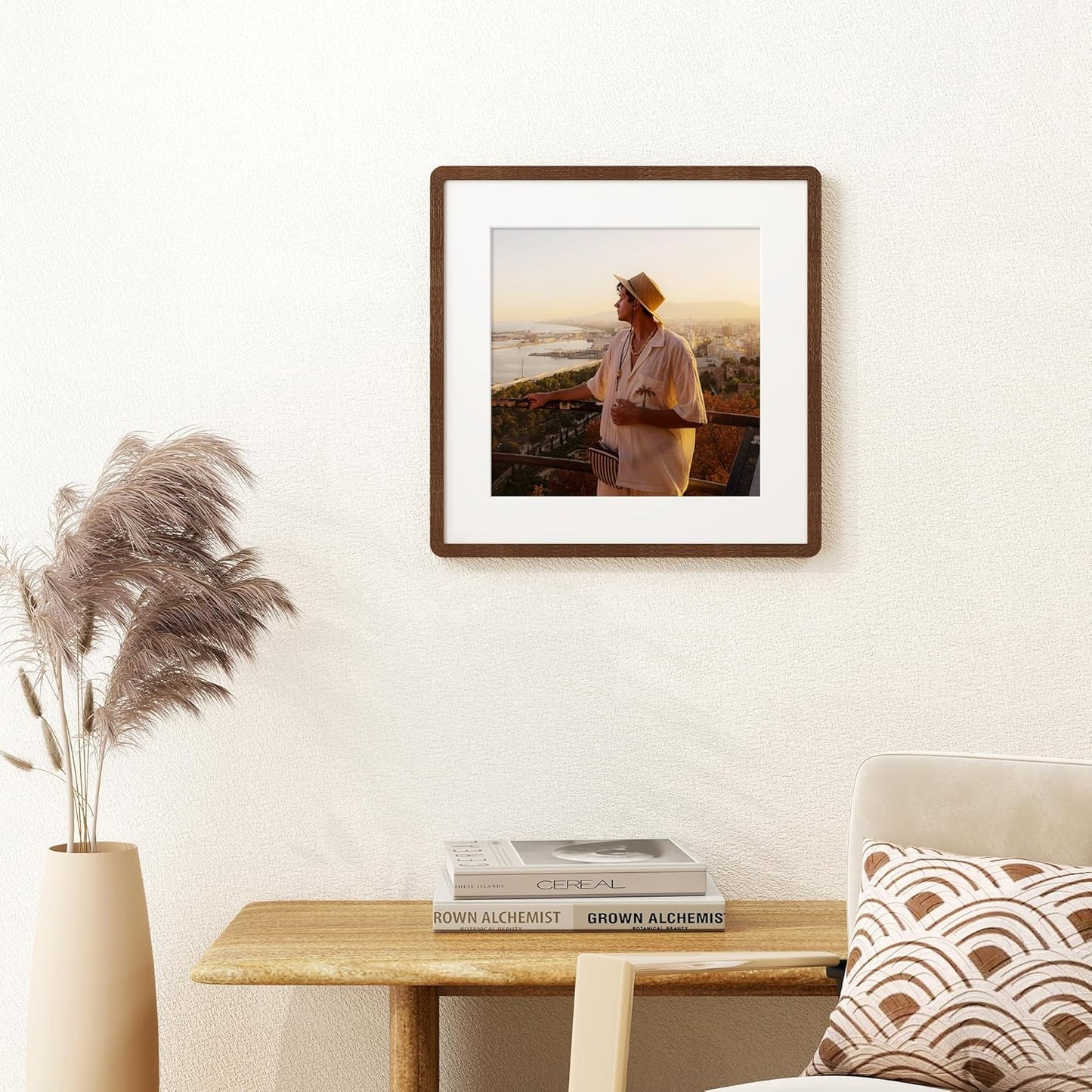 16x16 Picture Frame, Square 16 by 16 Frames for Wall - Solid Oak Wood & Tempered Glass, 16 x 16 Wood Frame Matted to 12 x 12, Square Picture Frame 16"x16" for Home Decor, Walnut Color, 1 Pack