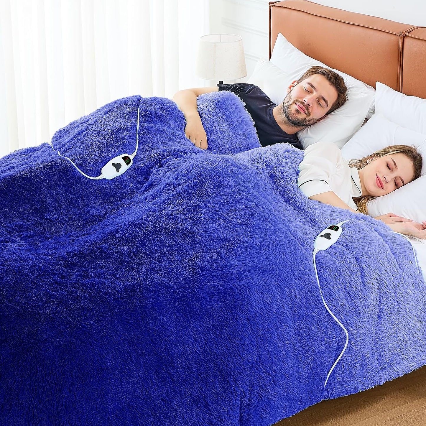 Heated Electric Blanket Queen–Faux Fur with Soft Thick SherpaWarm Winter Birthday Gifts for Women Grandma,Dual Control,10 Heat Settings,5 Time Settings, 84x90, Glacier Blue